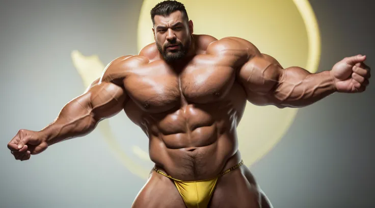 (Extremely detailed 8k wallpaper), a medium shot photo of a fearful necromancer, Intricate, High detail, Dramatic ，，short detailed hair，short mustache，Wear bright gold thongs，Perfect figure with tattoos, Very huge and strong body, Bulging muscles, musculou...