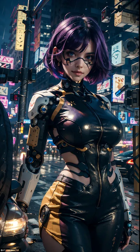 masterpiece, maximum quality, ultra high resolution, 8k, a girl,beauty,21years old,fair skin, extremely beautiful,strong gaze, alone,bust portrait,cyberpunk outfit, extremely detailed face, detailed eyes,mischievous smile, cheerful, realistic photo, totall...