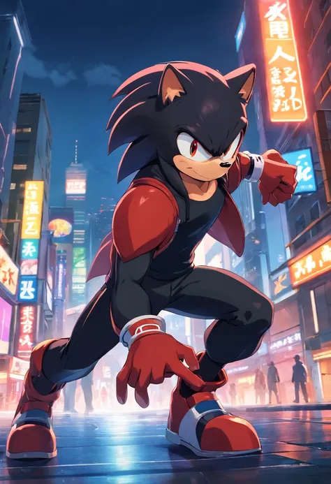 Knuckles do jogo Sonic the Hegehog, masculino, pelos vermelhos, wearing black spy clothes, with a serious expression, incredible details, Dynamic background of a city at night