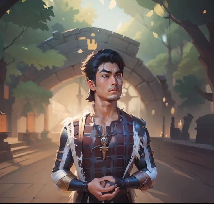 Swordsman Character Bust, Hand drawn cartoon illustration, Solid and vivid background, Fine, Detailed scale, Soft lighting, Game Character, Upper body, Created by Lois van Bart and Roich and Los Tran and Los Dros and Sam Yang and Sam SS Arts and Altgarm, B...