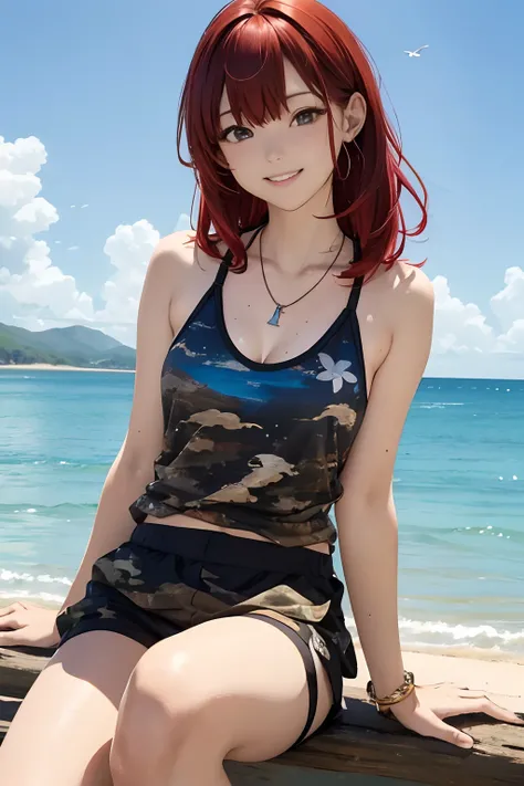 FULL BODYSHOT、an oil painting、​masterpiece、top-quality、hight resolution、Red hair、Cheerful woman、A smile、Camouflage pattern tank top、Black shorts、Sweaty skin、shores、The seaside looks fun、blue-sky、lightly dressed、bobhair、butterflys々Necklace