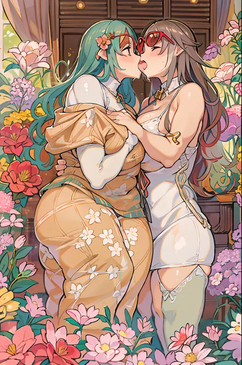 Two-dimensional girl enjoying flowers、huge-breasted、big round glasses、bbw,Large Thigh、Two girls、embracing each other、Deep kissing、the kiss、lesbian、red blush