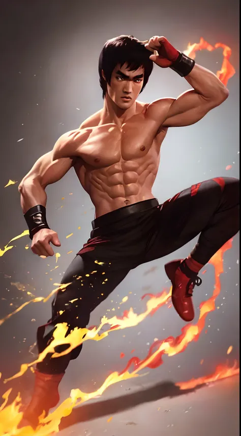 actor ((Bruce Lee)) as Liu Kang, Mortal Kombat, red headband, naked torso, black pants with red stripes, fire on background, intricate, high detail, sharp focus, dramatic, photorealistic painting art by greg rutkowski