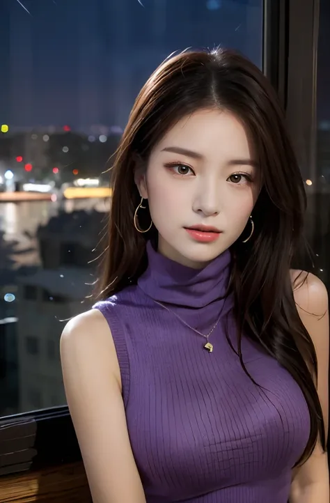 (((Sleeveless Turtleneck Knit dress of violet:1.2))), (innocent and classy girl), (Cowboy shot:1.2), (focus on face and breasts), large breasts, (in office by the window:1.2), (((night view at night:1.4))), ((sleeping:1.2)), from above, (layered hairstyle,...