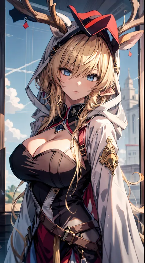 Masterpiece, Best quality, {Best quality}, {{Masterpiece}}, {A high resolution}, Focus, Anime style, Cartoon close-up of a woman, Girl design, Gisha, Anime image, Long hair, Golden hair, Straight eyes, Cover deer ears, Polished and powerful appearance, Exo...