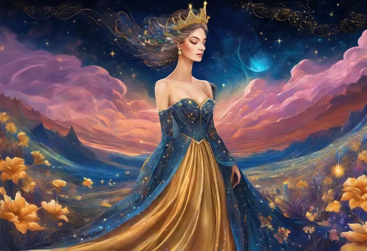 landscape, A queen in a dress made of starry night veil is crossing on the Earth down below with her extraordinary long hem dragging.  As she walks, starry night falls on her path.　A starry night fantasy. perfect beautiful face, perfect hands, fantasy art,...