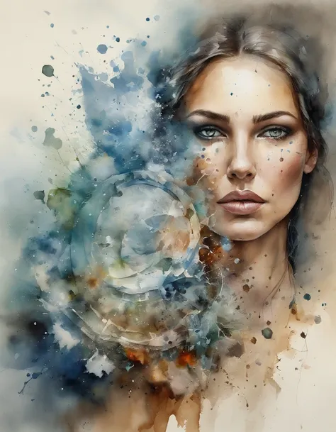 Water color painting of beautiful woman face with a broken head and broken glass on her face, expression of lonelyness, treagety, silence and depressed,Ogive explosive, Machine parts embedded in the face, Volatil, inspired by Igor Morski, Dramatic artwork,...