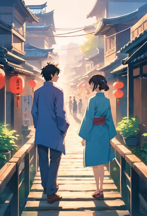 Ancient Chinese characters，A man and a woman，face to face，Close，Stand on a small bridge made up of magpies，Stick figure style，minimal style，Flat viewing angle，the sideview，Far view，Blue is the main color，White background，ultra HD picture quality，high high ...