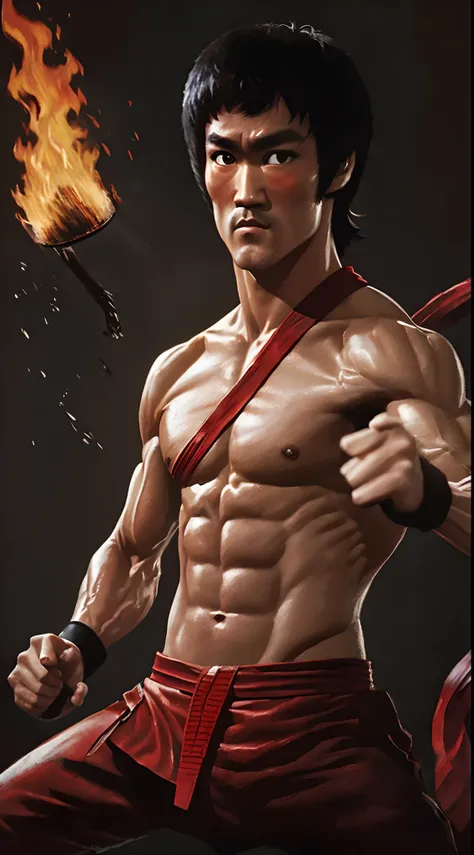 actor ((Bruce Lee)) as Liu Kang, Mortal Kombat, red headband, naked torso, black pants with red stripes, fire on background, intricate, high detail, sharp focus, dramatic, photorealistic painting art by greg rutkowski