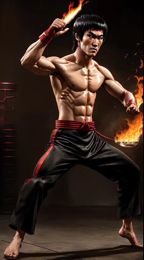 actor ((Bruce Lee)) as Liu Kang, Mortal Kombat, red headband, black pants with red stripes, fire on background, intricate, high detail, sharp focus, dramatic, photorealistic painting art by greg rutkowski