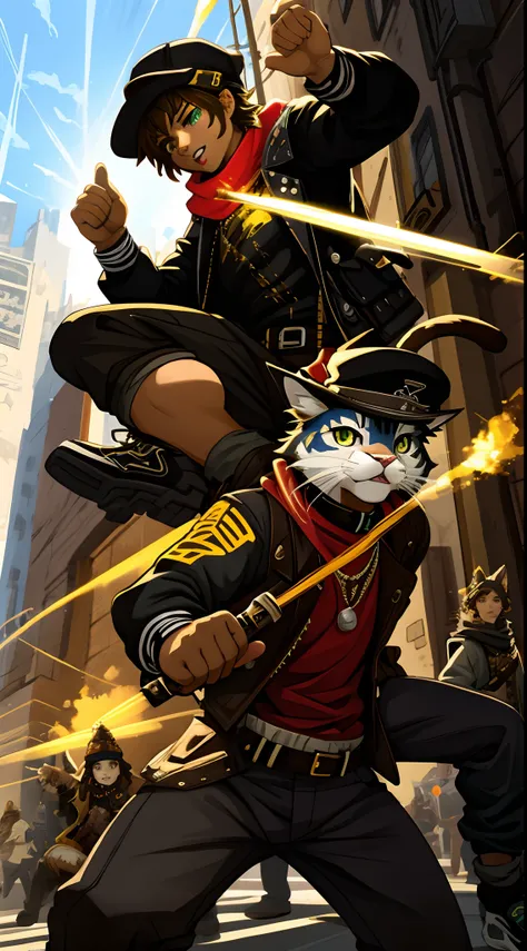 highres, top quality, best quality, paid reward available, High-quality illustrations, unparalleled masterpiece, perfect artwork, absurdres(movie poster)a painting of a cat wearing a hat and scarf, trending in the art station, dressed in punk clothes, deta...