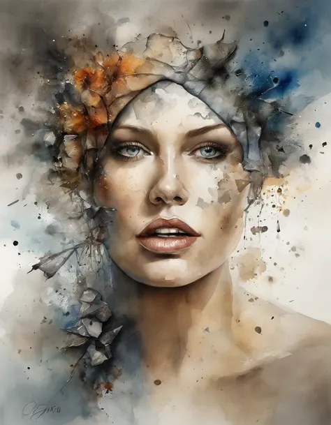 Water color painting of beautiful woman face with a broken head and broken glass on her face, expression of lonelyness, treagety, silence and depressed,Ogive explosive, Machine parts embedded in the face, Volatil, inspired by Igor Morski, Dramatic artwork,...