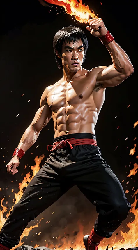 actor ((Bruce Lee)) as Liu Kang, Mortal Kombat, red headband, black pants with red stripes, fire on background, intricate, high detail, sharp focus, dramatic, photorealistic painting art by greg rutkowski