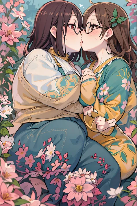 Two-dimensional girl enjoying flowers、huge-breasted、big round glasses、bbw,Large Thigh、Two girls、embracing each other、Deep kissing、the kiss、lesbian、red blush