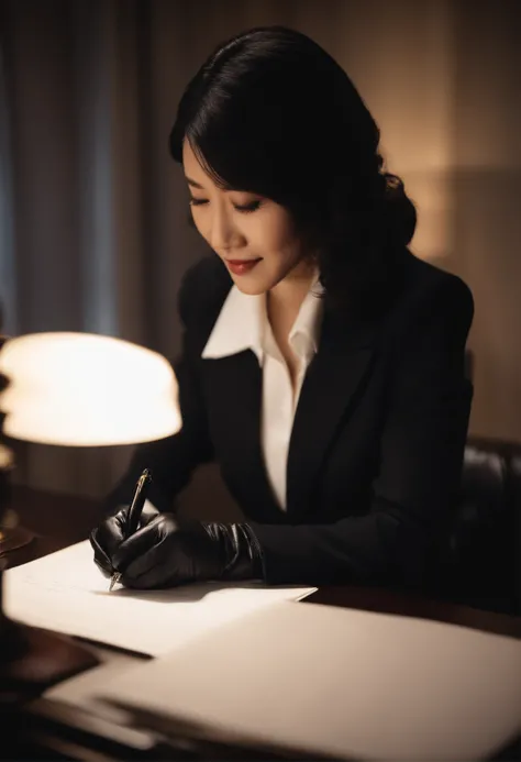 Wearing black leather gloves in both hands, upper body, black business suit, facing the desk in the modern study in the dark, looking down and smiling, writing a letter using a fountain pen, long, straight black hair, young Japanese woman (black leather gl...