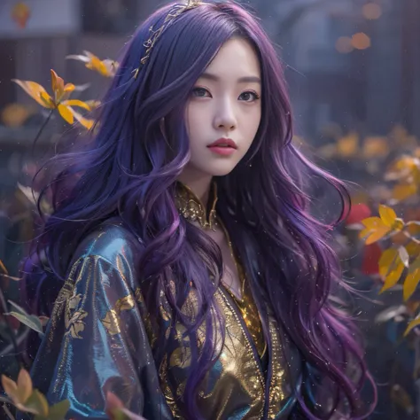 Genki Girl 32K（tmasterpiece，k hd，hyper HD，32K）Long flowing bright purple hair，Autumn Pond，zydink， a color， Asian people （Genki girl）， （Silk scarf）， Combat posture， looking at the ground， long whitr hair， Floating bright purple， Fire cloud pattern gold tiar...