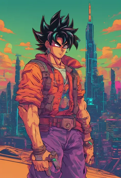 (goku:1.2),cyberpunk,neon lights,cityscape,futuristic technology,street fighting,cyber implants,bionic arm,shimmering energy aura,saiyan warrior,sword fight,hovering motorcycles,robotic enemies,explosions,high-rise buildings,nighttime hustle,plasma weapons...