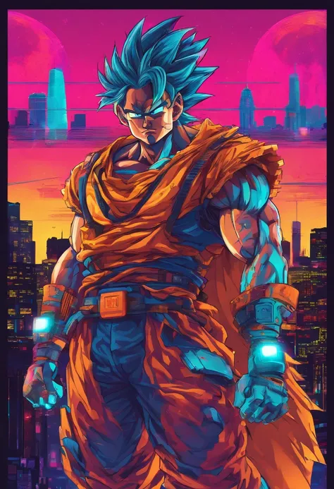 (goku:1.2),cyberpunk,neon lights,cityscape,futuristic technology,street fighting,cyber implants,bionic arm,shimmering energy aura,saiyan warrior,sword fight,hovering motorcycles,robotic enemies,explosions,high-rise buildings,nighttime hustle,plasma weapons...