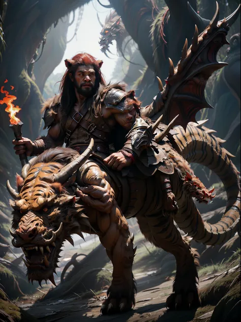 full body,a tiger headed monster，male, solo, looking at viewer, red eyes, hold a giant flame hammer in each hand, leather armour...