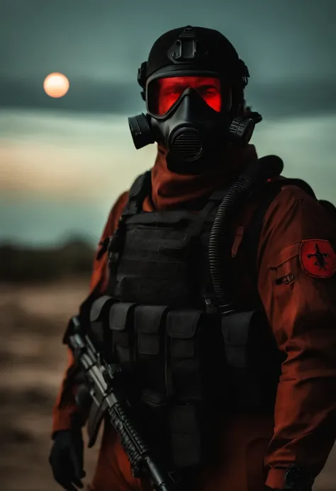 Retrato do complexo SCP do soldado Spec Ops, fundo escuro, uniforme preto, Gas mask, Tactical equipment, Lua vermelha no fundo, lua vermelha, Red Moon behind the character,