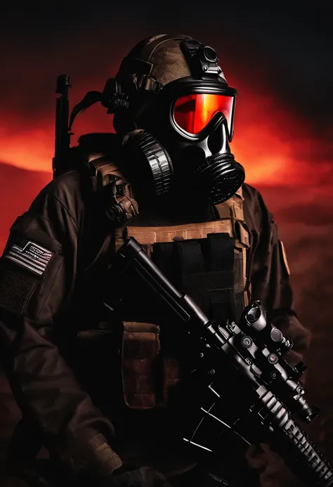 Retrato do complexo SCP do soldado Spec Ops, fundo escuro, uniforme preto, Gas mask, Tactical equipment, Lua vermelha no fundo, lua vermelha, Red Moon behind the character,