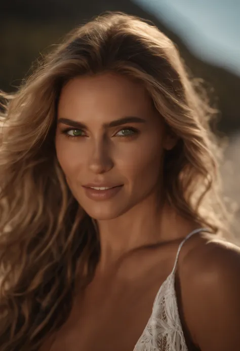 Cinematic soft lighting、Illuminates a beautiful Greek supermodel with amazing detail and ultra-realism, Beach Look, long messy windy dark blonde hair, clear green eyes, Seductive perfect smile, Sensual milf, hot woman, Gorgeous, that is trending on ArtStat...