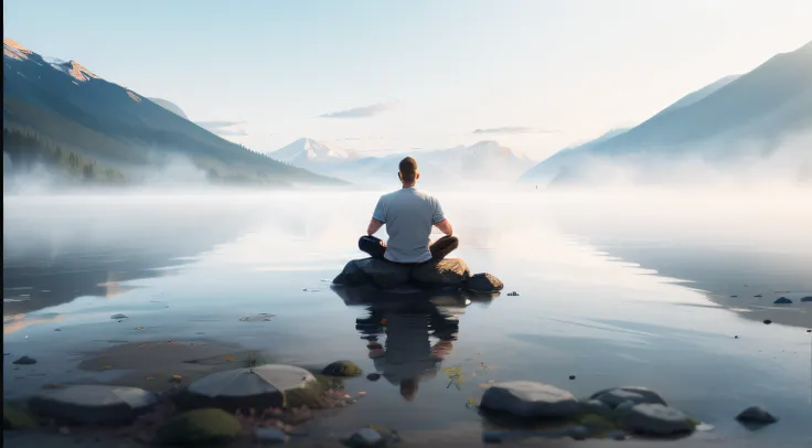 A man meditating in front of a mountain lake, turn back, view from afar,minimalism, sunset light, floating in a powerful zen state,,meditating in lotus position, meditating pose