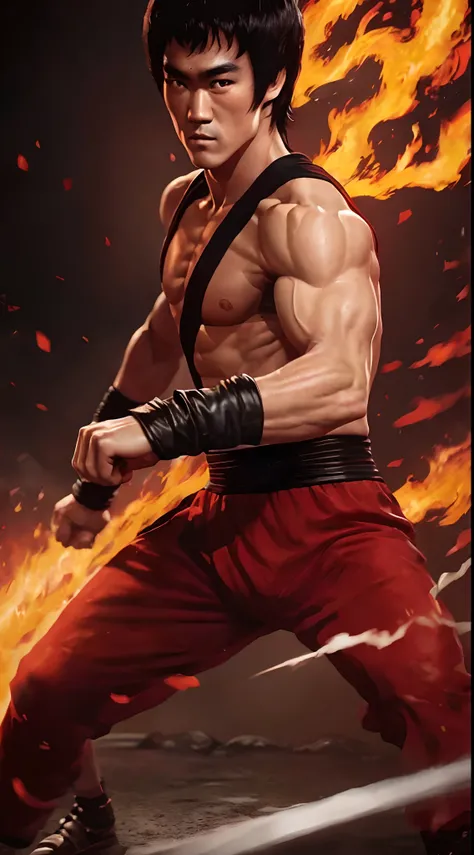 actor ((Bruce Lee)) as Liu Kang, Mortal Kombat, red headband, black pants with red stripes, fire on background, intricate, high detail, sharp focus, dramatic, photorealistic painting art by greg rutkowski