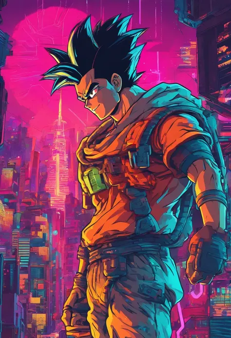 Son Goku ao estilo cyberpunk, cyber details, Chaotic city, Perfect and amazing details, fundo neon