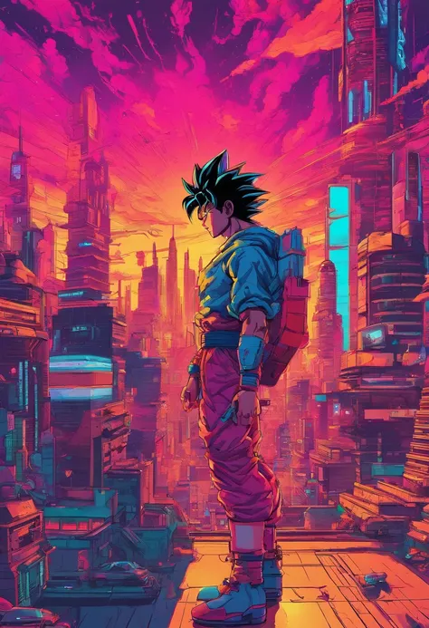 Son Goku ao estilo cyberpunk, cyber details, Chaotic city, Perfect and amazing details, fundo neon