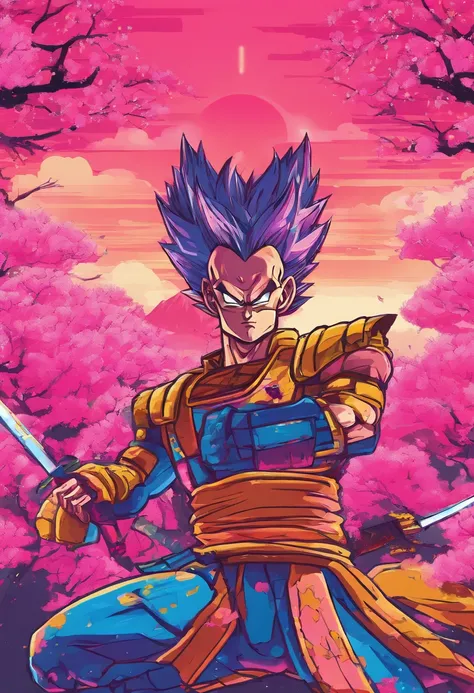 Vegeta, masculino, com armadura de samurai, armadura perfeita, incredible details, com Espadas Sai, Dragon Ball, Anime, expression serious, Japanese temple background with cherry trees