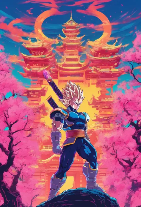 Vegeta, masculino, com armadura de samurai, armadura perfeita, incredible details, com Espadas Sai, Dragon Ball, Anime, expression serious, Japanese temple background with cherry trees