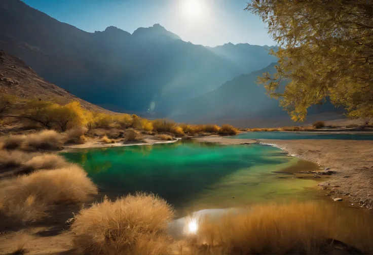 "Desert oasis"，There are mountains，Mina，There is snow in the mountains，beginning of autumn，Flowing waterways，lake，There was a lot of sand and gravel，The surrounding trees are sparse（Both yellow-green），Thick mist of water，The sunlight is very weak。