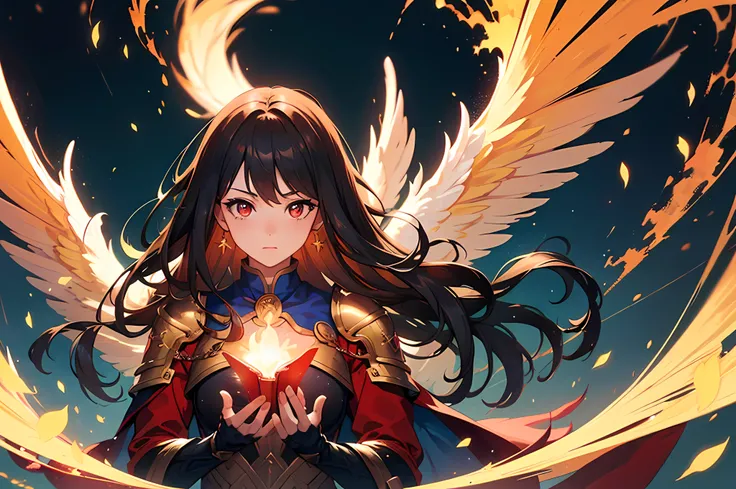 ((masterpiece: 1.2, best quality, 8K)),illustration, a beautiful girl, (fantasy:1.4), (phoenix, summoned animal), brown hair, long hair, floating hair ,textured skin , red eyes