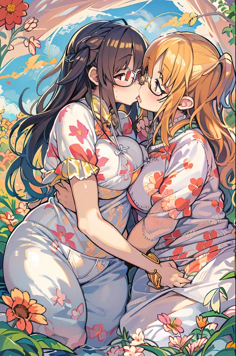 Two-dimensional girl、((Summer light))、Steppe on a summer day、((From the top))、Sun directly above、huge-breasted、big round glasses、bbw,Large Thigh、Two girls、embracing each other、Deep kissing、the kiss、lesbian、red blush