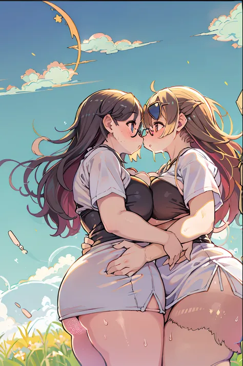 Two-dimensional girl、((Summer light))、Steppe on a summer day、((From the top))、Sun directly above、huge-breasted、big round glasses、bbw,Large Thigh、Two girls、embracing each other、Deep kissing、the kiss、lesbian、red blush