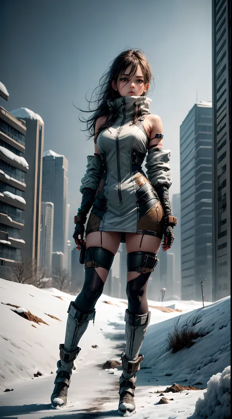 In the bleak aftermath of a nuclear apocalypse, where the world is shrouded in an eternal nuclear winter, envision a lone figure scavenger a young woman walking in [dynamic] alerted anxious pose amidst the desolation, with frozen city civilization (skyscra...