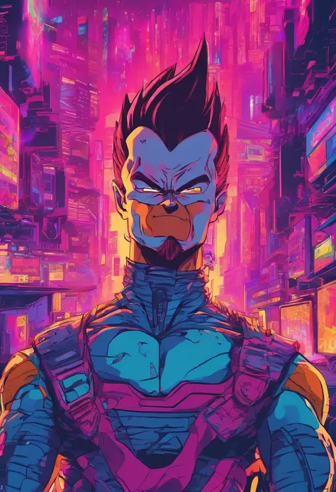 Vegeta, masculino, ao estilo cyberpunk, cyber details, Chaotic city, Perfect and amazing details, fundo neon