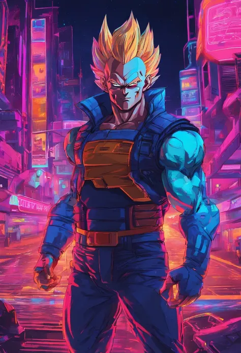 Vegeta, masculino, ao estilo cyberpunk, cyber details, Chaotic city, Perfect and amazing details, fundo neon