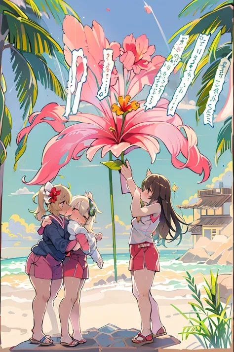 Two-dimensional girl、((Summer light))、Steppe on a summer day、((From the top))、Sun directly above、huge-breasted、big round glasses、bbw,Large Thigh、Two girls、embracing each other、Deep kissing、the kiss、lesbian、red blush、Okinawa、hibiscus