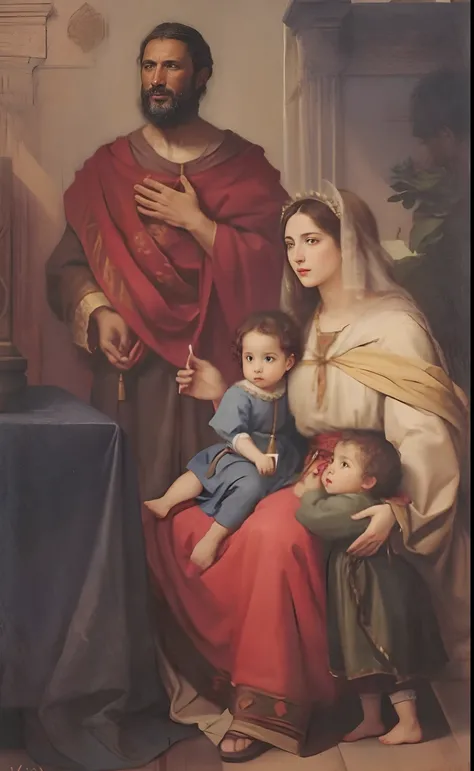 A man and a woman with a child and a baby, Directed by: Cristofano Allori, Directed by: Antonio de la Gandara, pintura restaurada, Directed by: Andrea del Sarto, foto realista do ano I d.C., imagem detalhada, cristianismo primitivo,cinematic