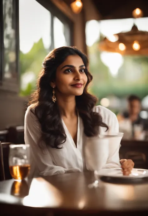 Indian woman sitting at a table in a restaurant with a glass of wine, gorgeous young Indian woman, beautiful young Indian woman, beautiful south indian woman, indian girl, beautiful korean girl, female from india, in white clothes, cute indian, with long h...