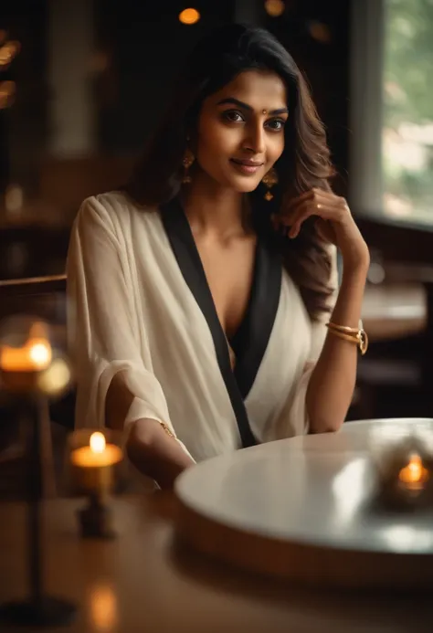 Indian woman sitting at a table in a restaurant with a glass of wine, gorgeous young Indian woman, beautiful young Indian woman, beautiful south indian woman, indian girl, beautiful korean girl, female from india, in white clothes, cute indian, with long h...