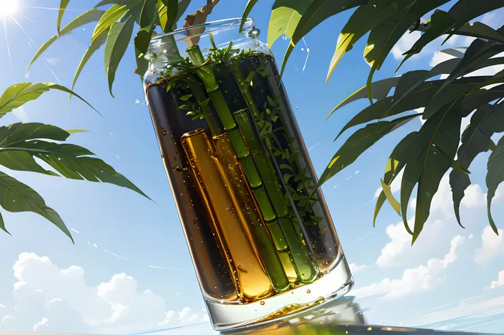 with light glowing, side-lighting, Wallpapers,Ultra-realistic scenes, Surrounded by plants, (one green experimental test tube bottle), There are only four branches of Chinese lucky bamboo in the bottle, Blue sky background, outside, open air, simple backgo...