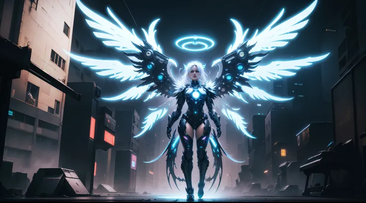 Angel, cyberpunk, bright halo, (((giant mechanical wings))), mechanical body, mechanical arms and legs, embracing pose, full body, (symmetric), flying, white