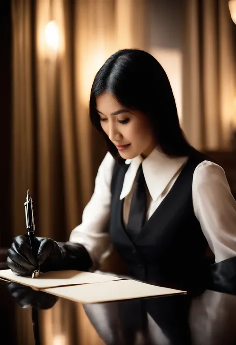 Wearing black leather gloves in both hands, upper body, black business suit, facing the desk in the modern study in the dark, looking down and smiling, writing a letter using a fountain pen, long, straight black hair, young Japanese woman (black leather gl...