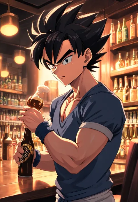 Vegeta, Dragon ball z, masculino, ((((vestindo Terno Preto))))), Bebendo uma cerveja em uma bar, incredible details, corpo perfeito, perfect hands, rosto perfeito, dynamic background of a bar