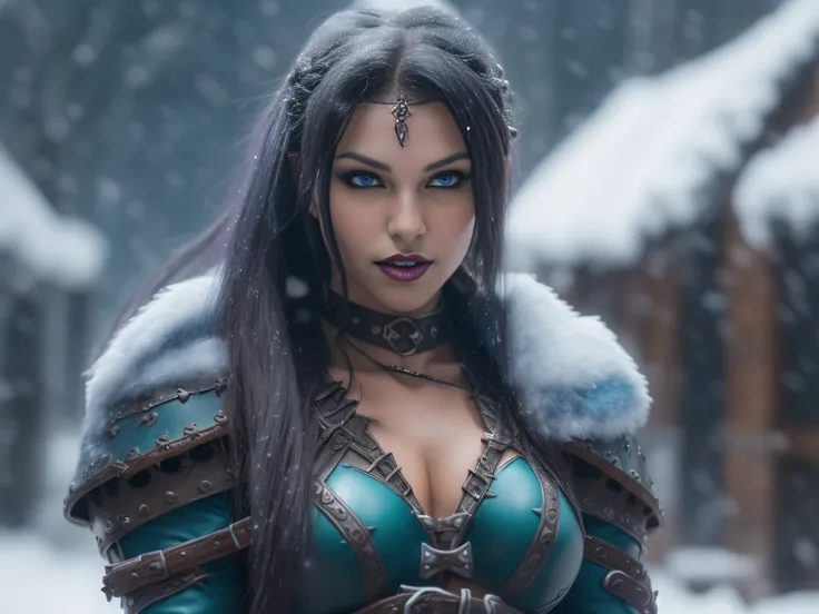 a sexy muscular girl; photo for fantasy RPG, western, smiling with perfect and white teeth; (pretty sexy vampire vampirella; long sharp braids black hear; voluminous breasts, ((perfect face)), with medieval brown leather long complete full fingers gloves; ...