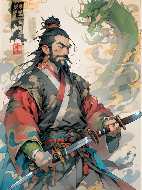 (((China-style，Ink painting method，Half-length portrait，Intense color，Han dynasty, China，Hanfu，Armor，Guan yu，Guan Yunchang，of a guy，Ruddy killing square face，Hold the Blue Dragon Moon Knife in his right hand，Stroke your beard with your left hand，Long hair，...