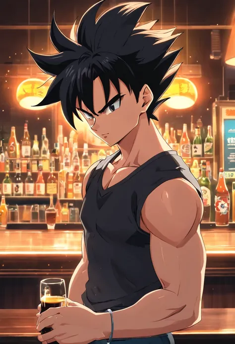 Vegeta, Dragon ball z, masculino, ((((vestindo terno preto))))), cabelo vegeta, cabelo principe dos saiyajins ,Bebendo uma cerveja em uma bar, incredible details, corpo perfeito, perfect hands, rosto perfeito, cabelo perfeito, estilo de arte por akiyra tor...